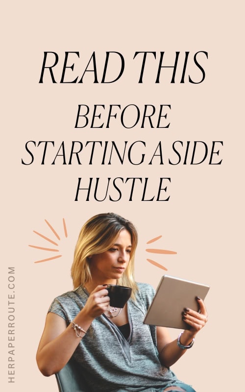 woman with a cup of coffee and a tablet looking at side hustle ideas