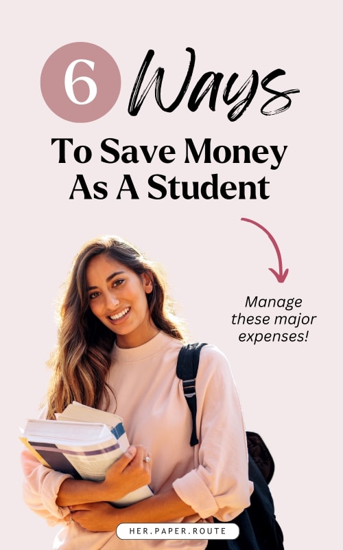 female college student with books and backpack demonstrating how to save on college expenses