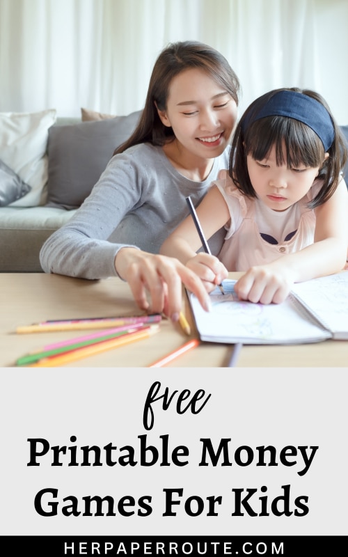 mother and daughter playing printable money games for kids