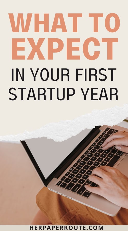 entrepreneur typing on laptop reviewing her startups first year