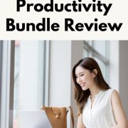 entrepreneur smiling as she accesses her new ultimate productivity bundle
