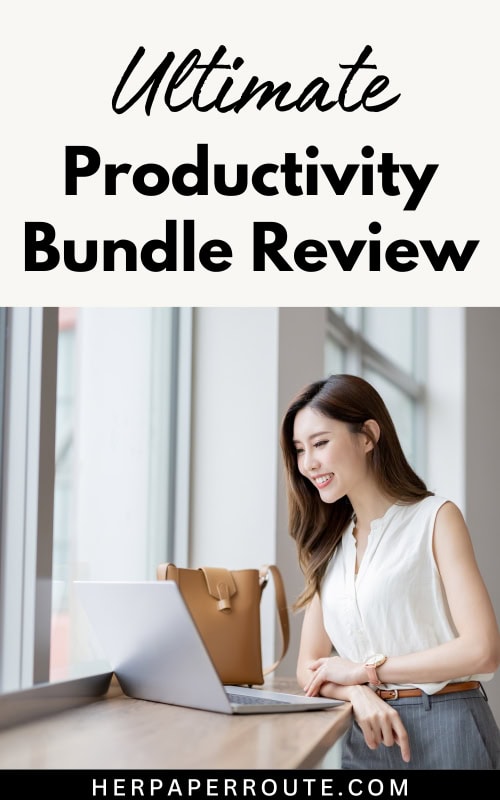 entrepreneur smiling as she accesses her new ultimate productivity bundle