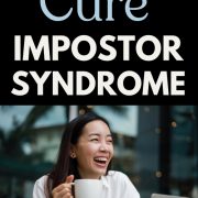 entrepreneur with laptop and coffee delighted that there is a cure for her impostor syndrome