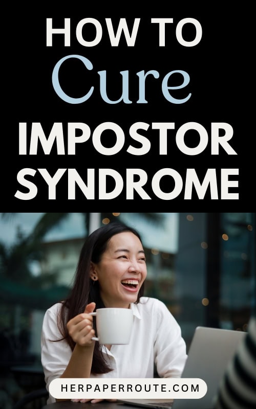 entrepreneur with laptop and coffee delighted that there is a cure for her impostor syndrome