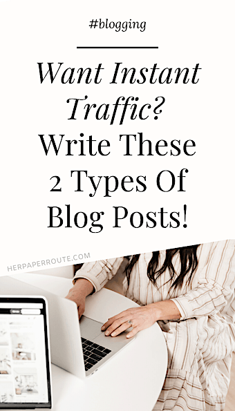 Woman typing on computer wanting instant traffic. So she is writing these 2 types of blog posts that generate traffic quickly