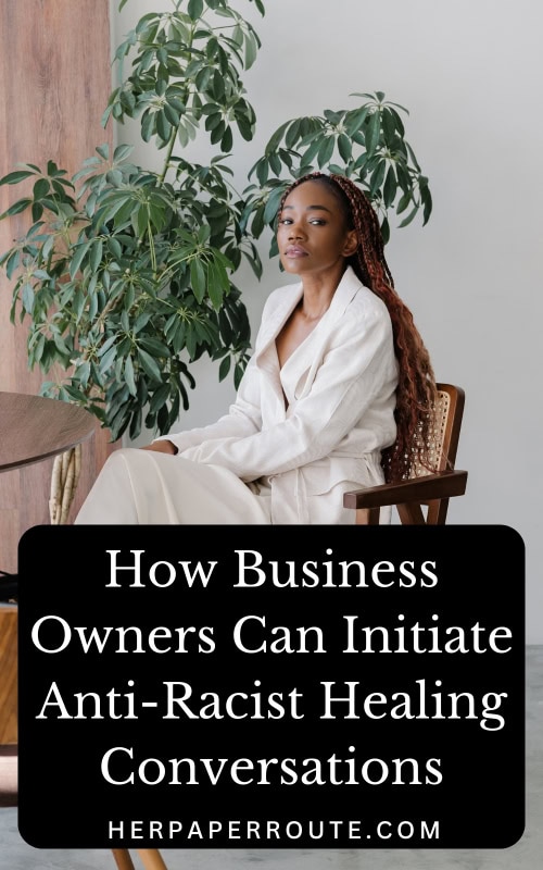 entrepreneur sitting on chair about to explain how business owners can initiate anti-racist healing conversations