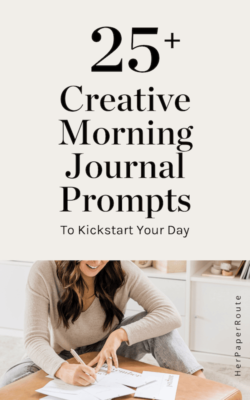 Happy woman writing in her journal using the creative morning journal prompts list found at HerPaperRoute