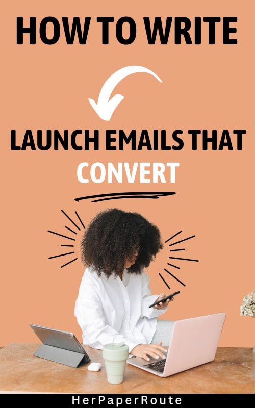 entrepreneur writing her launch emails on her laptop and phone and preparing them to convert