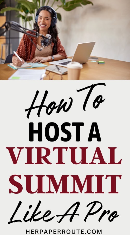 smiling entrepreneur speaking into a microphone and learning how to host a virtual summit