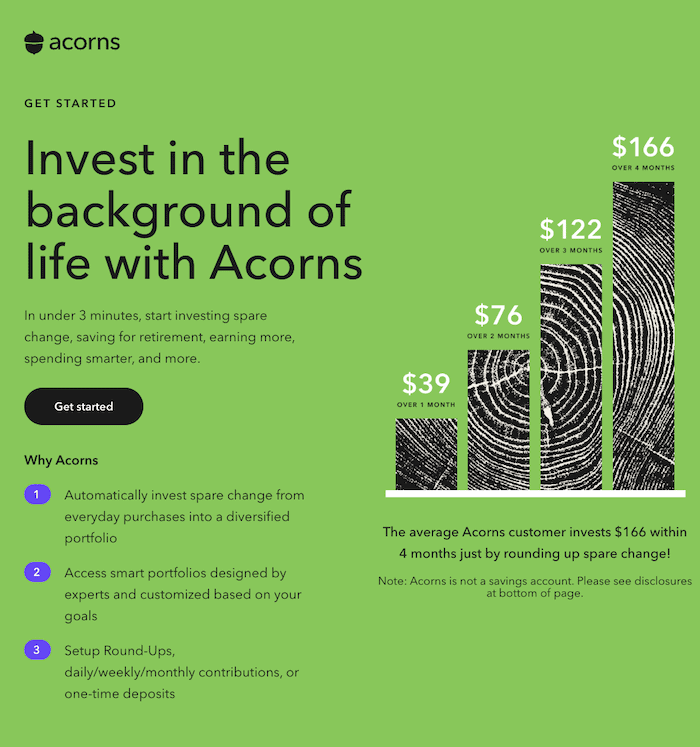 view of the acorns website studying apps that pay money