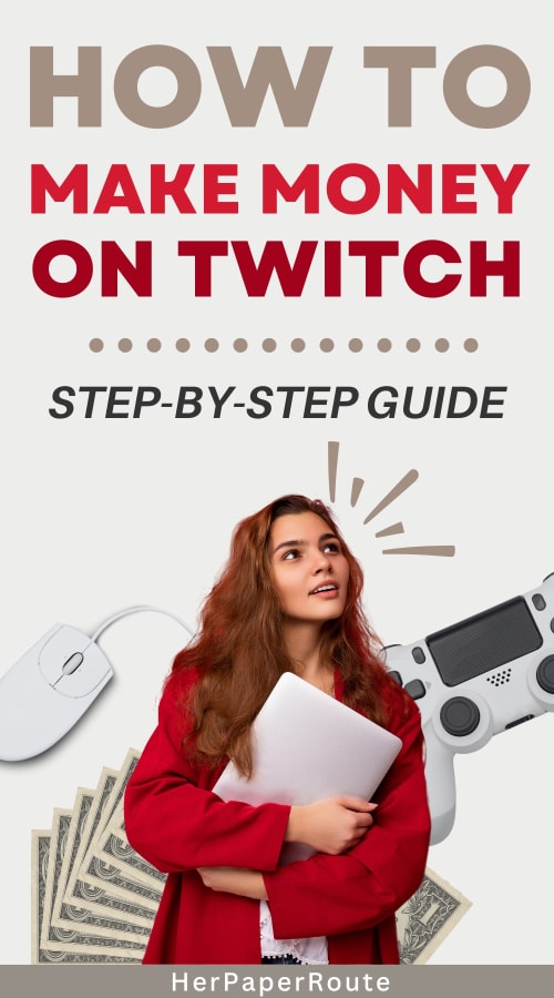 woman holding laptop surrounded by video game equipment showing how to make money on twitch