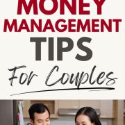couple looking at bills and discussing couple money management tips