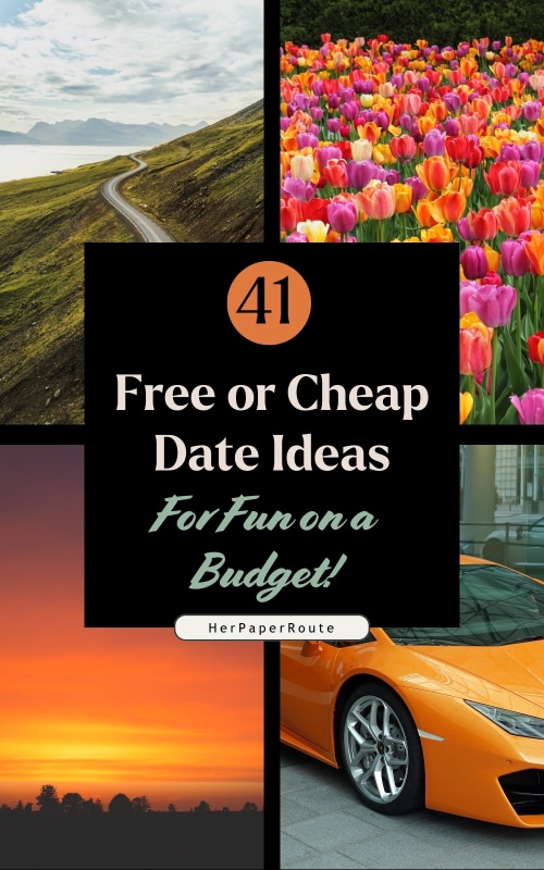 scenic drive, luxury car rental, flower field and sunset showing examples of cheap date ideas