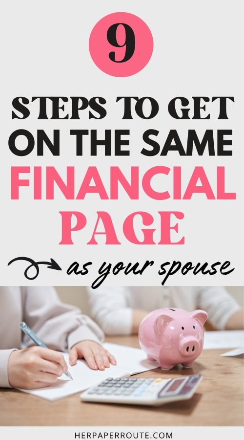 couple writing a budget with a piggy bank in the background showing how to get on the same financial page as your spouse