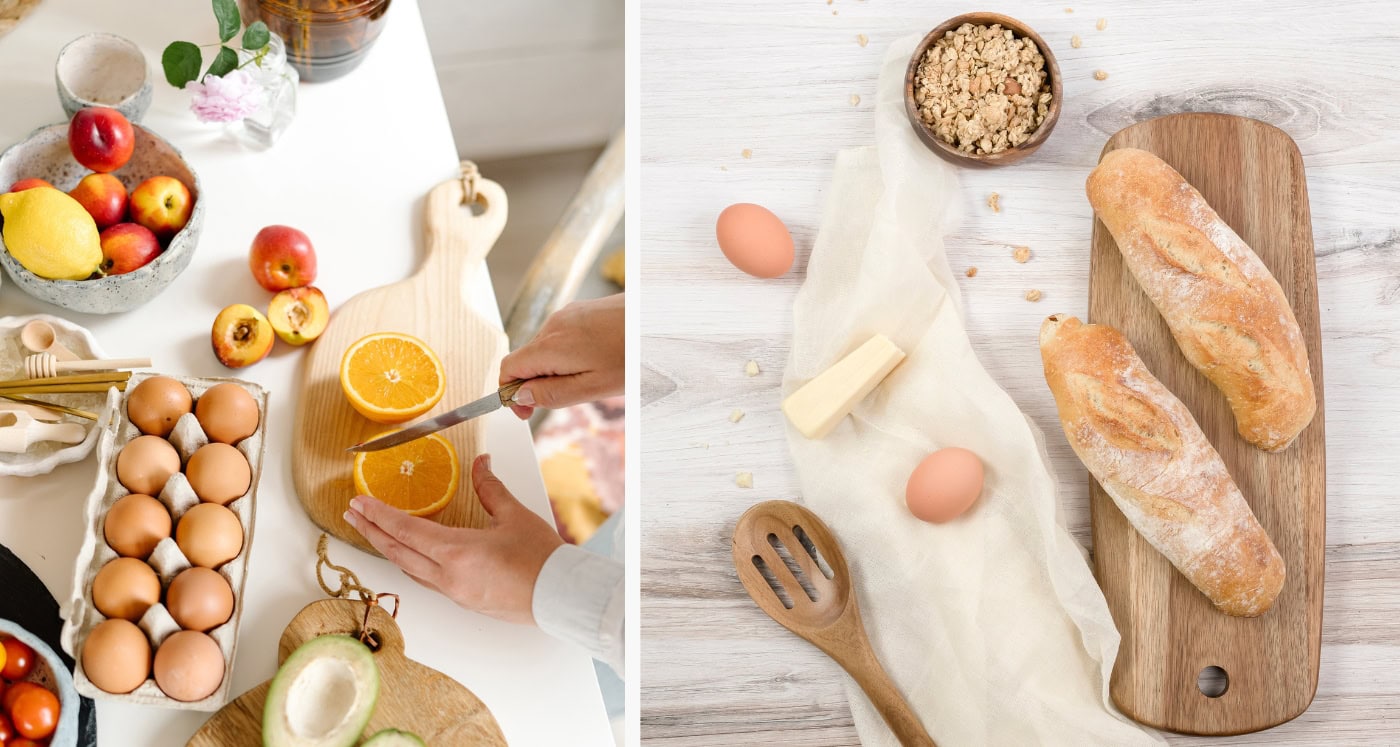 kitchen filled with healthy food showing how to meal plan on a tight budget