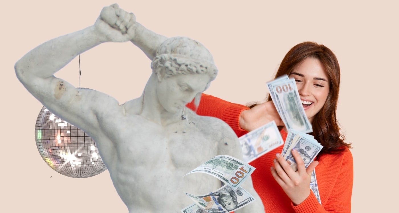 funny image of woman throwing cash at a male statue dancing a play on 10 Most Common Spending Triggers and How to Beat Them