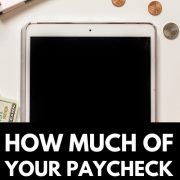Tablet, coins, and bills showing how much of my paycheck should I save