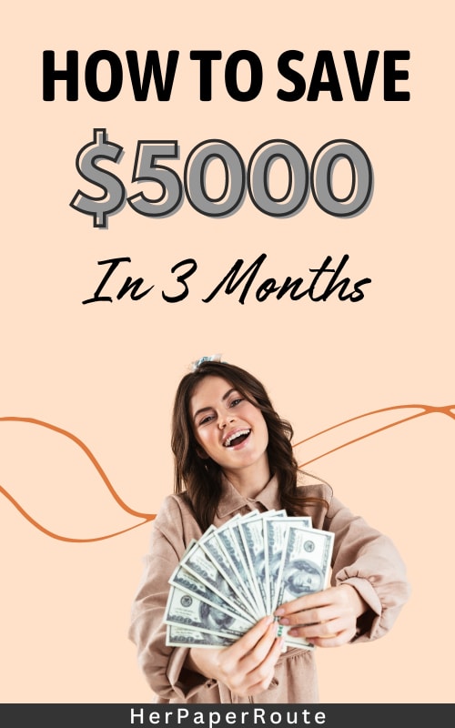 woman happily holding her saved dollar bills showing how to save $5000 in 3 months