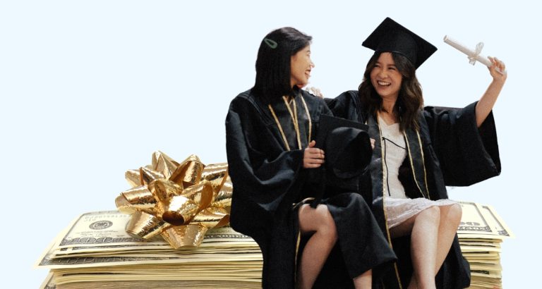 Two highschool grads happy because their parents learned How Much Money To Give For High School Graduation Gift