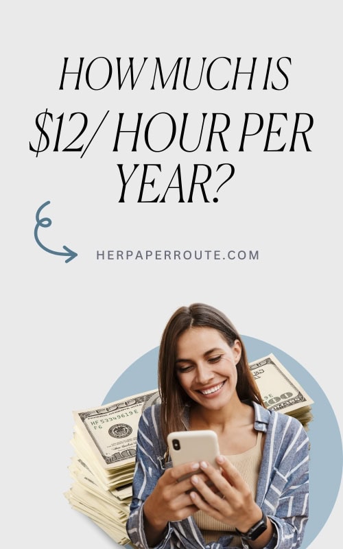 Woman on cell phone looking up $12 an hour is how much a year