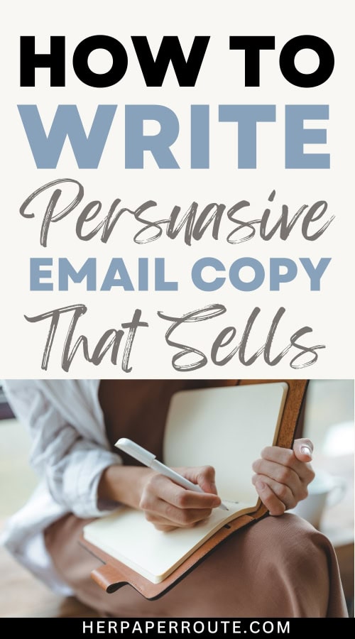 woman practicing how to write persuasive email copy in her notebook