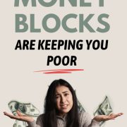 woman shrugging her shoulders with dollar bills in the background showing her struggle with money blocks