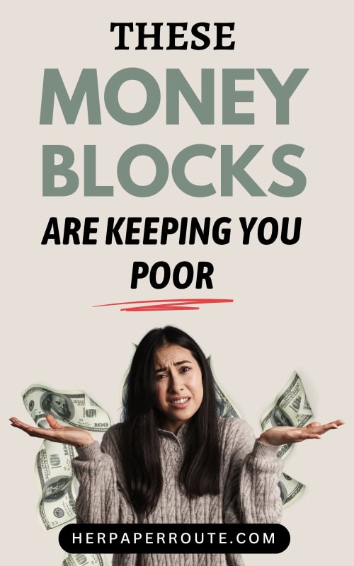 woman shrugging her shoulders with dollar bills in the background while struggling with money blocks