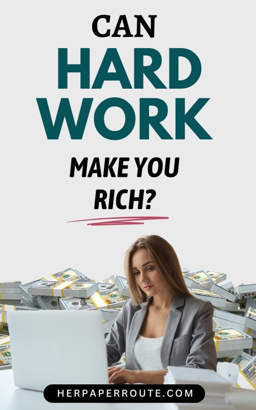 woman working hard at laptop surrounded by dollar bills answering the question can hard work make you rich