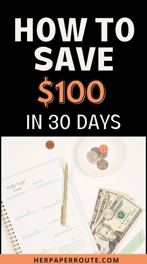 notebook, coins and bills showing how to get started with the $100 challenge