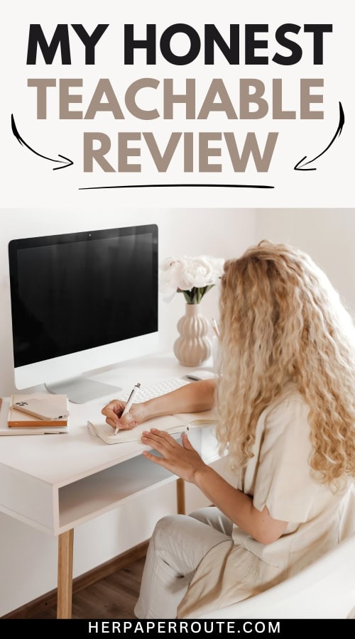 woman sitting in front of her computer writing down her teachable review