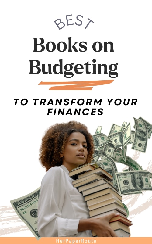 woman with stack of books showing how to save money using the best books on budgeting