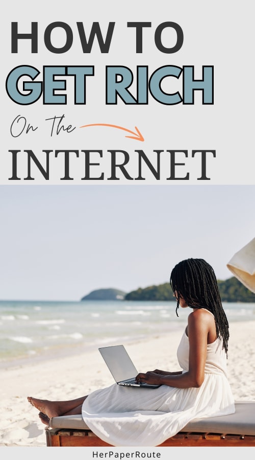 woman with laptop on a beach showing how to get rich on the internet