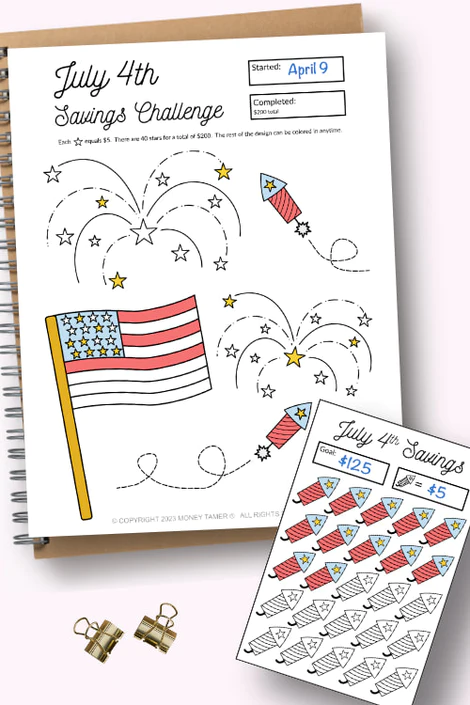 bonus july 4th savings coloring sheet - kids money log