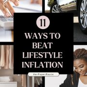 woman writing a budget, an affordable car, woman using a calculator, and minimalist closet showing how to beat lifestyle inflation