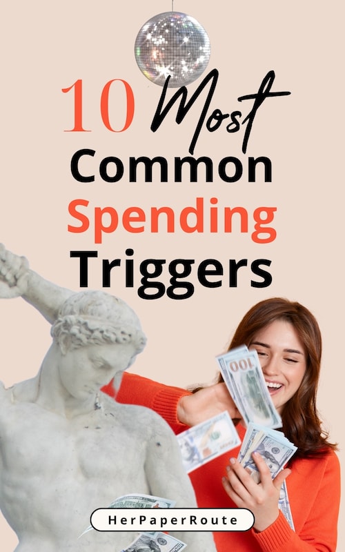 Woman spending money frivolously before learning how to become aware of spending triggers so that you can avoid them and stay on track with financial goals.