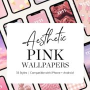 several phones in a row shosing examples of different pink wallpaper backgrounds