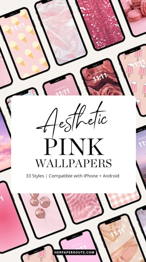 several phones in a row shosing examples of different pink wallpaper backgrounds 