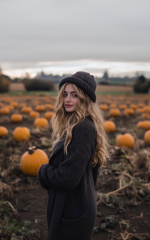 stylish young woman creating content for her social media in a pumpkin patch in October while she learns about Fall content ideas