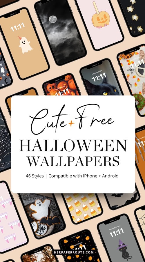 various halloween wallpapers on iphones beside the words Cute and Free Halloween wallpaper