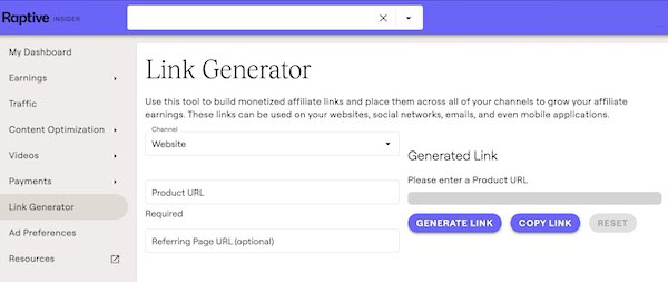 close up of the raptive affiliate network dashboard showing the new link generator tool