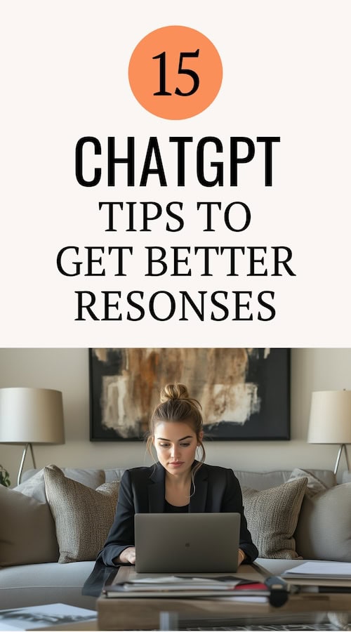 a creative business owner sits on couch using chatGPT with success after learning how to get better responses from ChatGPT at HerPaperRoute