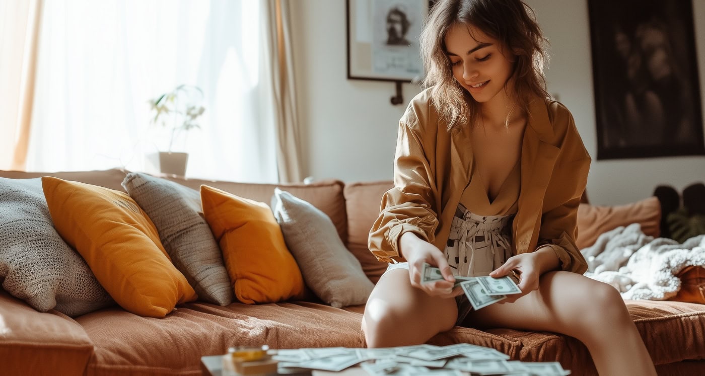 young woman smiles as she counts cash from knowing how to secretly build wealth without anyone noticing