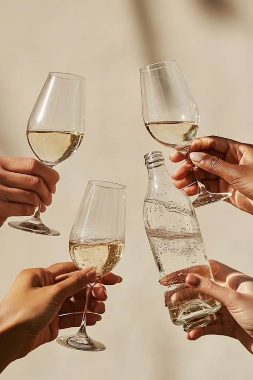 group of friends cheers glasses, 3 are wine glasses, and one is a bottle of water