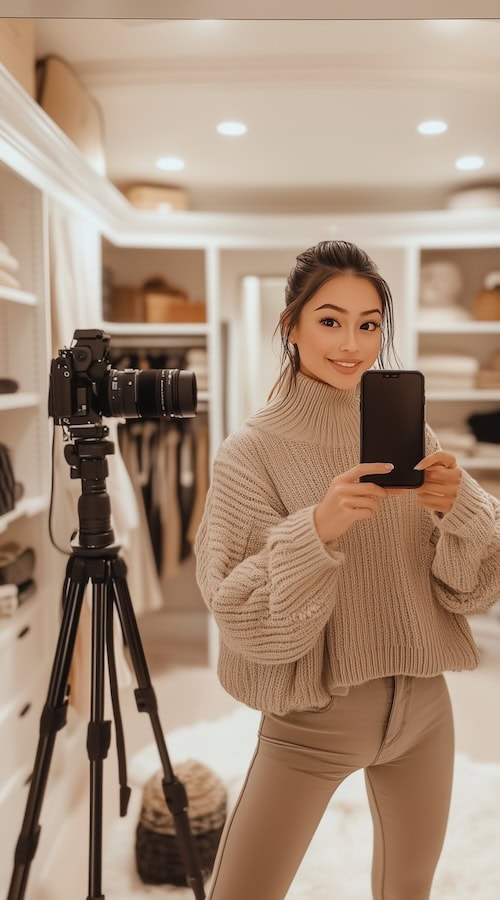 fashion content creator sets up camera and tripod in closet showing selection of Fall Winter Outfits and other content ideas to social followers