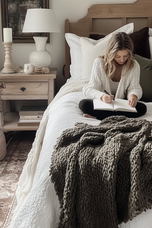 woman goes to bed early to write in her notebook and prioritize sleep which is an uncomfortable habit that can be life-changing like a magic pill for a good life