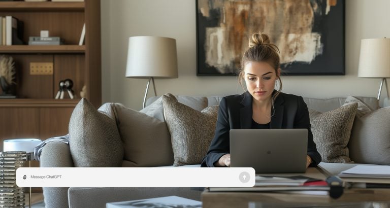 entrepreneur types on chatgpt on her laptop computer in. a nicely decorated living room