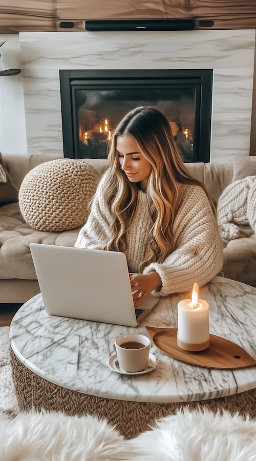 young woman types on computer as she discovers low cost grocery savings tips and ways to live frugally