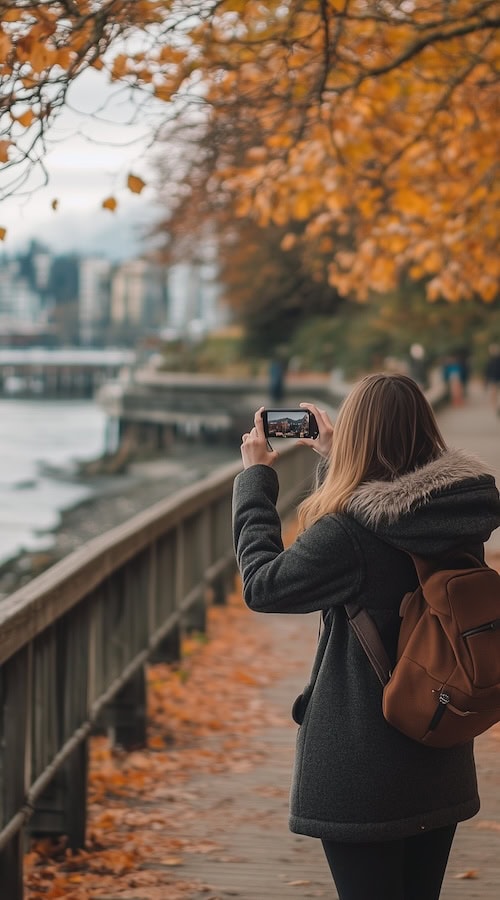 content creator takes photo of ocean on Fall day