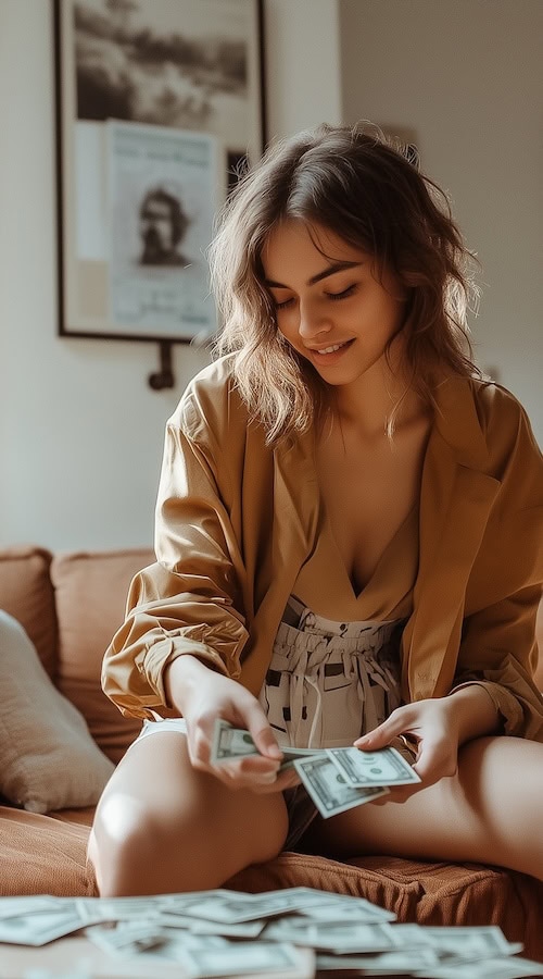 young woman practices good savings habits to quietly build wealth so she can leave a bad situation or relationship