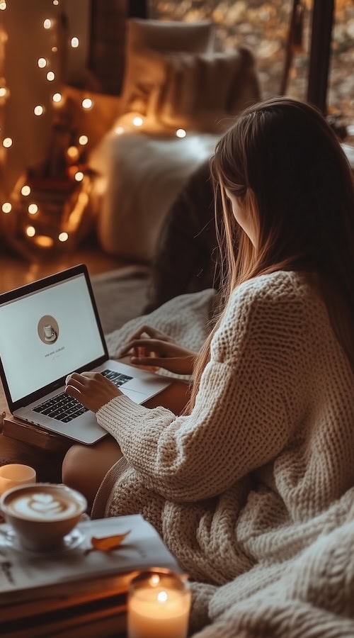 content creator works on laptop creating November content ideas